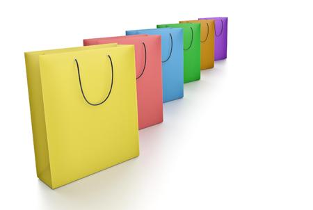color paper bags on white background with reflection, 3D Renderingの写真素材