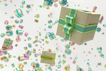 Background with falling christmas or any celebration's presents. Illustration of gifts with ribbon...