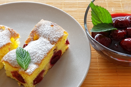 Bublanina (souffle with cherries) czech traditional cake with cherry fruits.の写真素材
