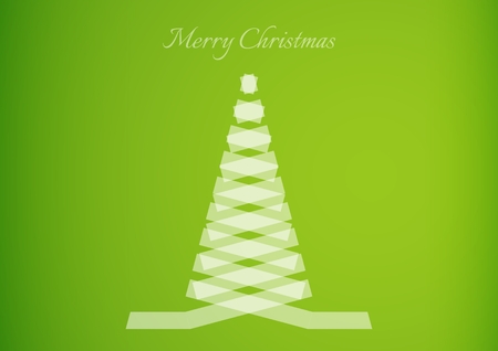 Stylized semi transparent white ribbon creating a christmas tree with white confetti. Christmas tree made from folded paper stripes like a origami tree. Illustration contains text: Merry Christmas.のイラスト素材