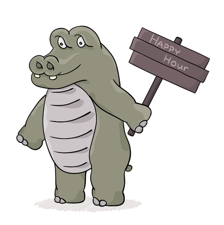 Hippopotamus with happy hour sign. Cartoon illustration.のイラスト素材