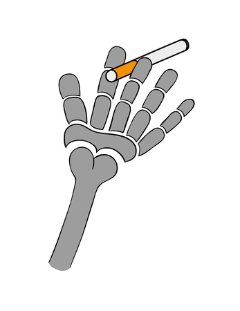 Hand of skeleton with cigarette as a symbol of danger of smoking. Cartoon illustration.のイラスト素材