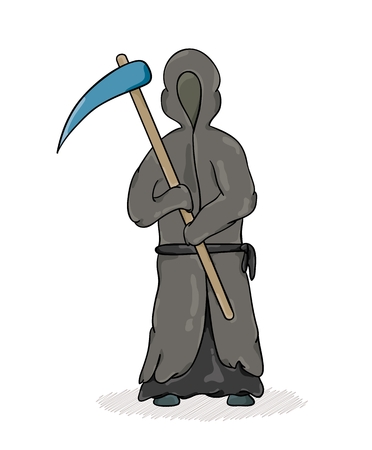 Death reaper with dark robe and hood and scythe. Cartoon illustration.のイラスト素材