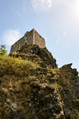 CZECH REPUBLIC,TROSKY - AUGUST 4, 2016: Ruin of medieval gothic castle Trosky in National Park Cesky Raj (Bohemian Paradise). The view of the tower called Panna (Virgin). Liberec Region, Europe.のeditorial素材