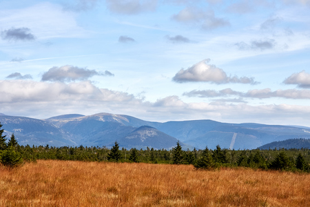 View from mountains in National Park Krkonose near Rokytnice nad Jizerou. Park lies in the northeast of Bohemia in the Hradec Kralove and Liberec regions. Czech Republic. Central Europe.の写真素材
