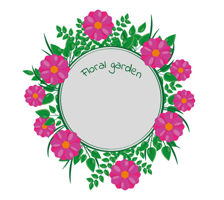 Round label decorated around by green leaves and purple flowers.のイラスト素材