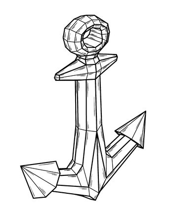 Iron sea anchor. Black handdrawn outline illustration on white background. Sketch.のイラスト素材