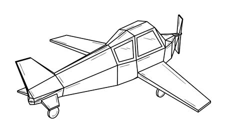 Small plane with two wings and one propeller - monoplane.  Black outline illustration on white background. Sketch.のイラスト素材
