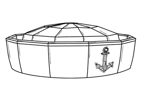 Marine cap with anchor symbol.  Black outline illustration on white background. Sketch.のイラスト素材