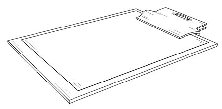 Writing pad with metal clip and blank paper. Black outline illustration on white background. Sketch.のイラスト素材