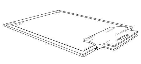 Writing pad with metal clip and blank paper. Black outline illustration on white background. Sketch.のイラスト素材