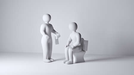 One person helping his friend by bringing toilet paper. Sitting person on toilet bowl need new roll of toilet paper. 3D rendering.の写真素材
