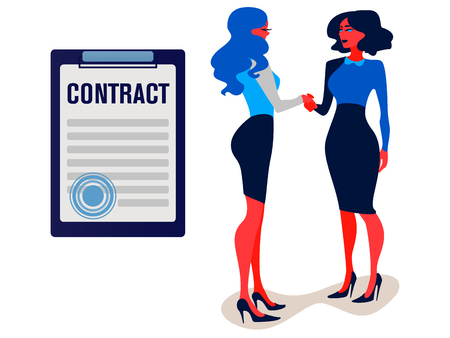 Handshake of business partners. Vector flat style illustration isolated businesswomen came to an agreement contract and completed the deal with a handshake.のイラスト素材