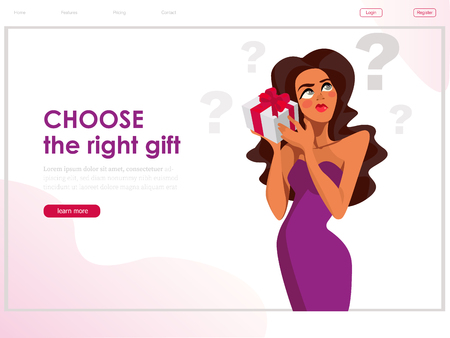 Cute vector illustration woman with dark curly hair isolated over white background, holding present box at her ear.のイラスト素材