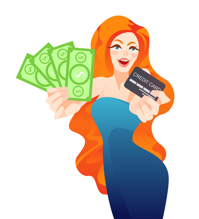 Image of delighted woman holding fan of dollar money banknotes and credit cardのイラスト素材