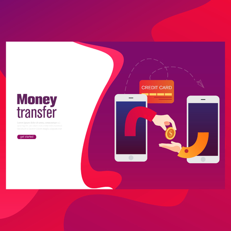 People sending and receiving money wireless with mobile devices. Flat style concept vector illustrationのイラスト素材
