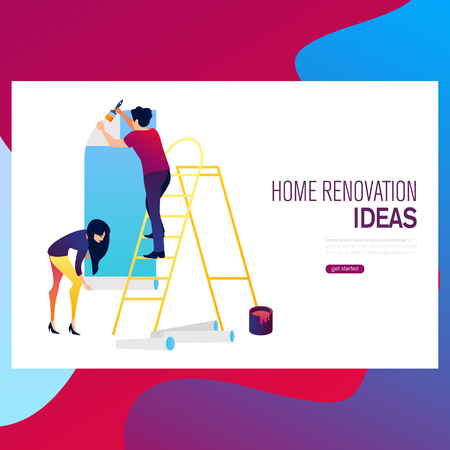 Home makeover and renovation: young happy couple painting their new house interiors using paint rollersのイラスト素材