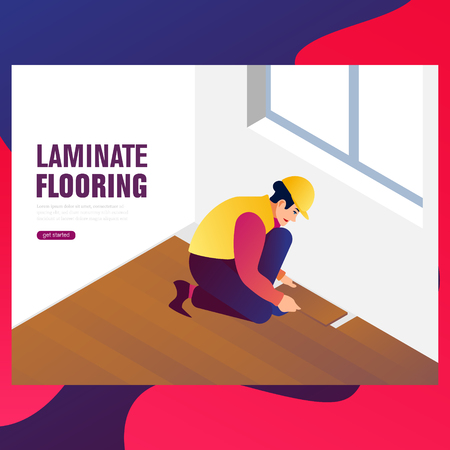 Man making the laminate flooring illustration. Isometric vector indoorのイラスト素材