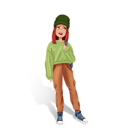 Illustration of a teenager girl with a backpack on a white background.