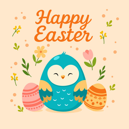Cute Easter bird with Easter eggs, cartoon Happy Easter illustration.のイラスト素材