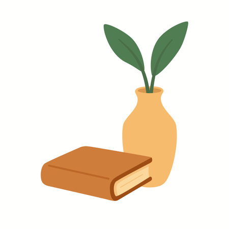 Decorative Book with Vase and Green Leaves Illustrationのイラスト素材