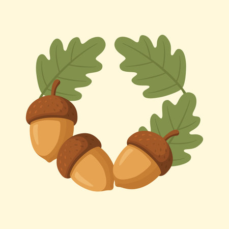 Autumn wreath with acorns and oak leaves in decorative styleのイラスト素材