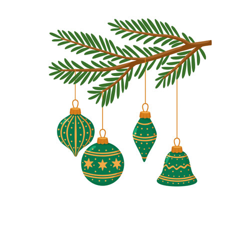 Green Christmas Baubles Hanging Branchのイラスト素材