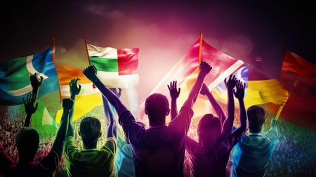 Group of people holding the flags of the countries of the world.の素材