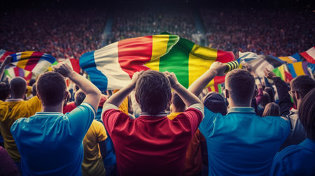 Crowd of soccer fans with the national flag of Guinea at the stadiumの素材