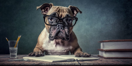 Funny dog with glasses and book on wooden table. Education conceptの素材