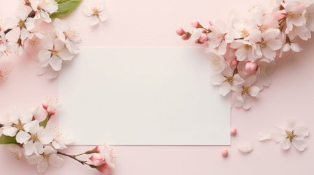 Blank paper card with spring cherry blossoms on pink background.の素材