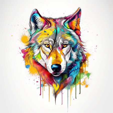 Wolf head with colorful paint splashes on white background, vector illustration.の素材