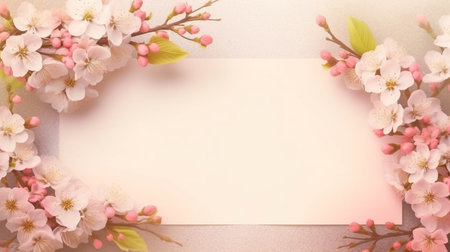 Blank paper with cherry blossom frame on pastel background.の素材