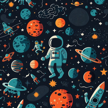 Seamless pattern with space elements and astronaut. Vector illustration.の素材
