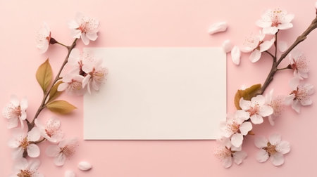 Blank paper card with spring flowers on pink background, top viewの素材