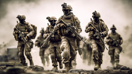 War Concept. Military silhouettes fighting scene on war fog sky background, World War Soldiers Silhouettes Below Cloudy Skyline At night. attack scene. armored vehicles.の素材