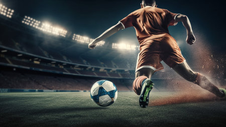 Soccer player in action at stadium. Mixed media. Mixed mediaの素材