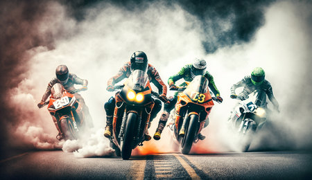 Group of motorcyclists riding on a road in the smoke.の素材