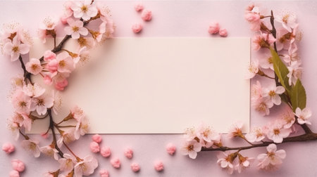 Blank card with cherry blossom branches on pastel pink backgroundの素材