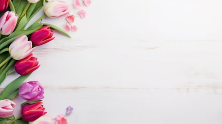 Bouquet of tulips on white wooden background with copy space.の素材
