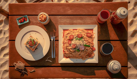 Top view of spaghetti with tomato sauce on a wooden table in a beachの素材