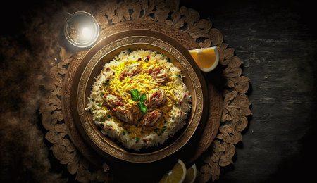 Top view of Delicious pilaf with rice, chicken and vegetables on wooden backgroundの素材