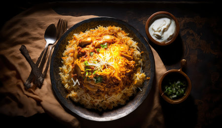 Top view of Biryani is a traditional dish consisting of basmati rice and chickenの素材