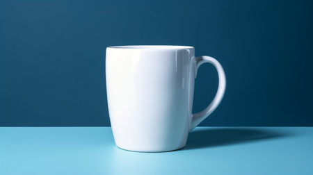 Empty White coffee cup isolated on blue background.の素材