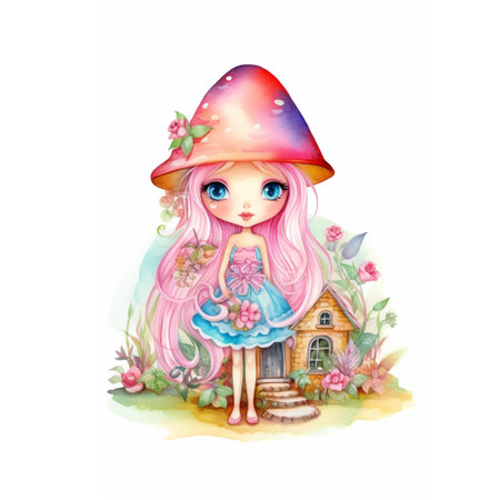 Watercolor illustration of a cute little girl in a hat with a magic potion and a houseの素材
