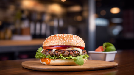 Cheese burger - American cheese burger with fresh salad on wooden plateの素材