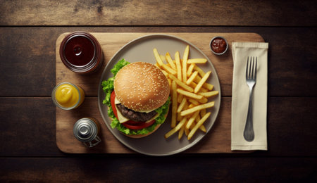 Top view of hamburger with french fries and sauces on wooden tableの素材