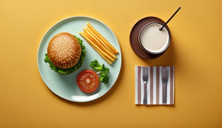 Hamburger with french fries and cup of milk on yellow backgroundの素材