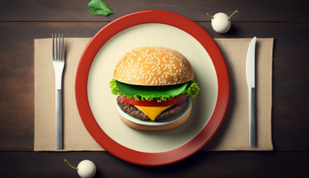 Hamburger on a plate with cutlery, top viewの素材