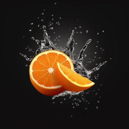 Fresh orange with water splash isolated on black background. 3d illustrationの素材